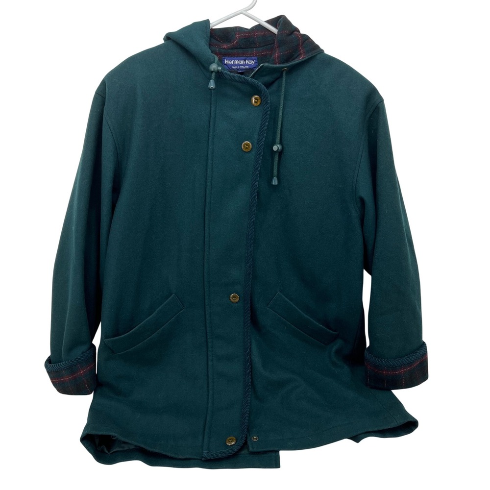 Herman Kay Green‎ Plaid Lined Hooded Button Front Jacket Coat Women Size 6